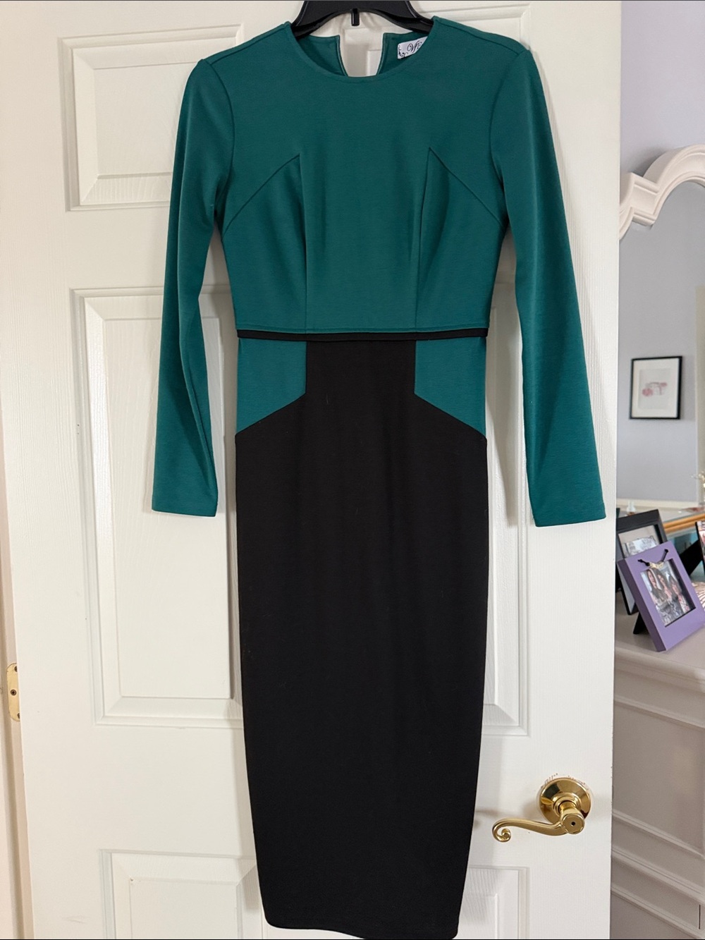 Teal and Black Long Sleeve Sheath Dress